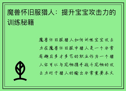 魔兽怀旧服猎人：提升宝宝攻击力的训练秘籍