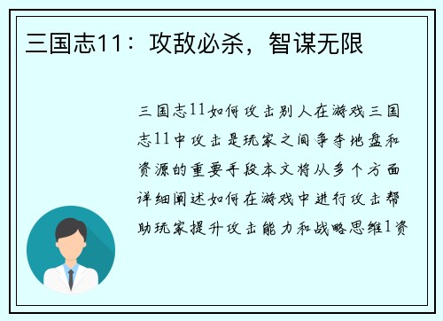三国志11：攻敌必杀，智谋无限