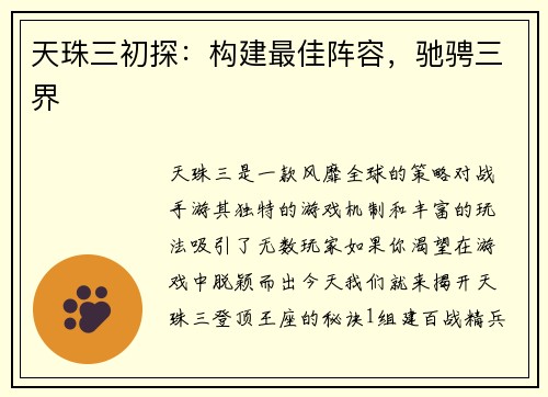 天珠三初探：构建最佳阵容，驰骋三界